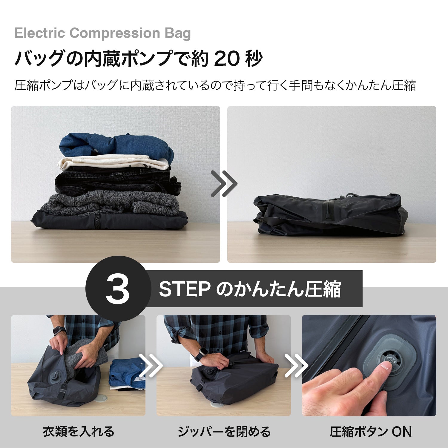 電動圧縮パッキングバッグ (自動圧縮 / トラベル / 衣類収納 / 防水 / 防臭 / 防塵)