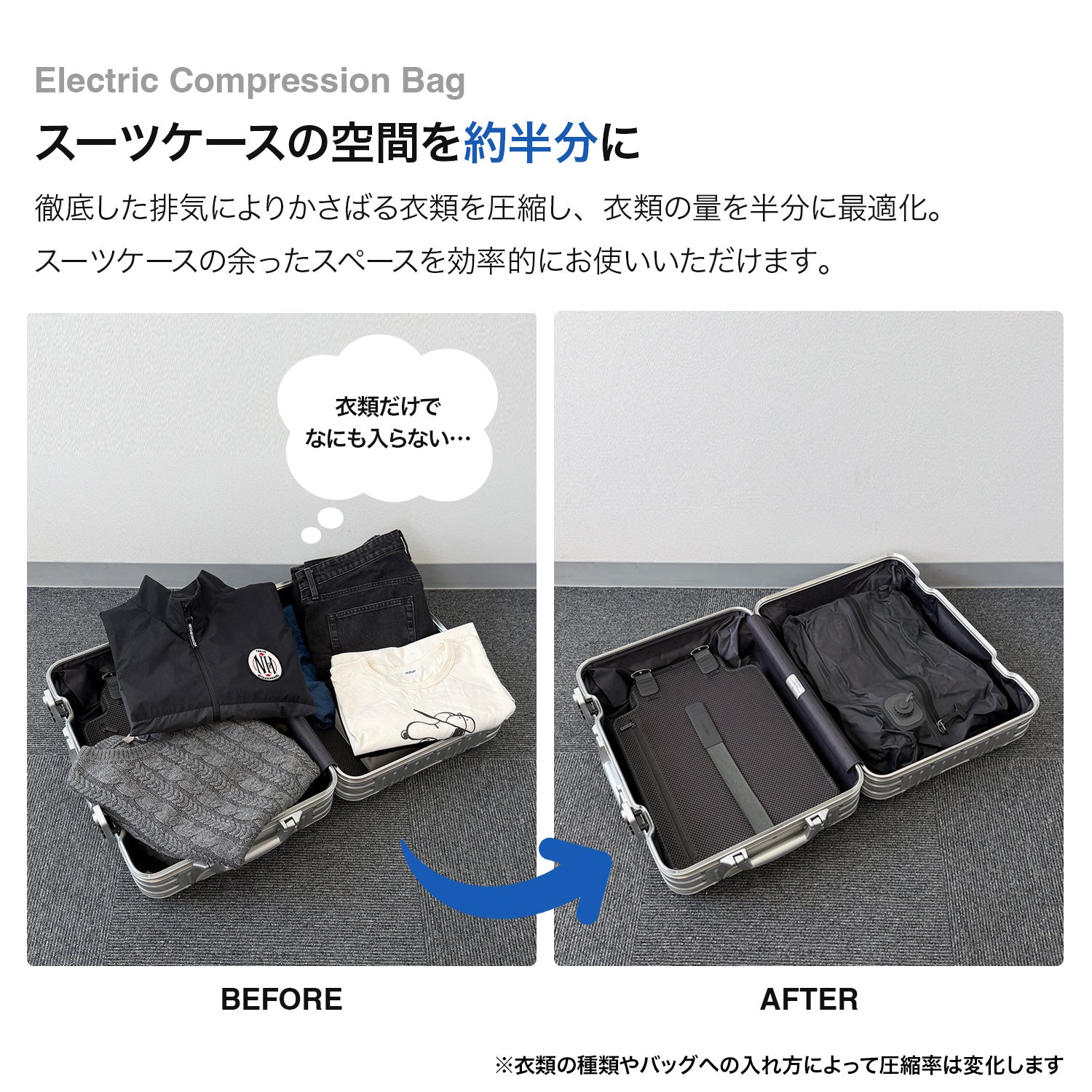 電動圧縮パッキングバッグ (自動圧縮 / トラベル / 衣類収納 / 防水 / 防臭 / 防塵)