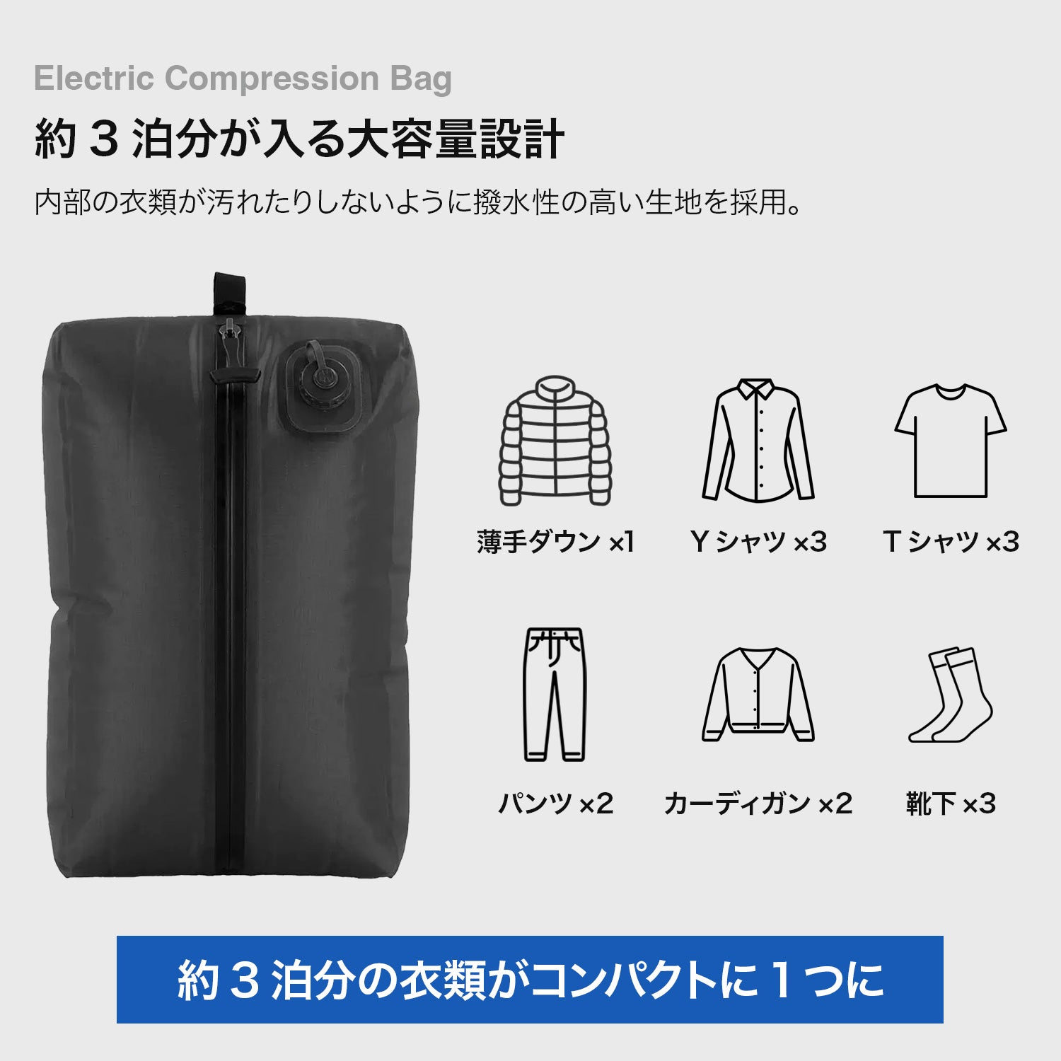 電動圧縮パッキングバッグ (自動圧縮 / トラベル / 衣類収納 / 防水 / 防臭 / 防塵)